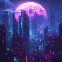 Futuristic Neon Cityscape Under a Moonlit Sky