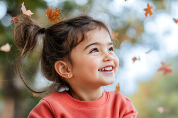 Wall Mural - Australian little girl smiling wearing sweatshirt playing at sunny autumn park