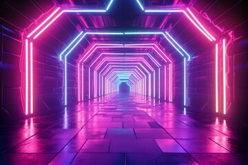 Canvas Print - Mesmerizing Neon-Lit Geometric Tunnel:A Captivating Architectural Spectacle of Light and Form