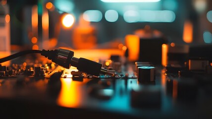 close-up of professional soldering iron and electronic components on workbench, glowing ready for us