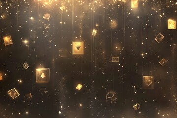 Wall Mural - Abstract Gold Glowing Shapes and Sparkles on Black Background