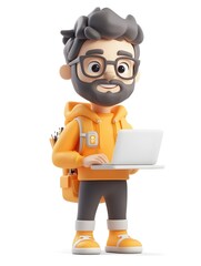 cheerful and friendly 3d character of a smiling software developer or computer programmer working on