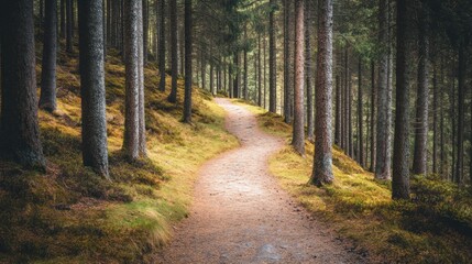 Poster - A winding path through a serene forest, inviting exploration and tranquility.