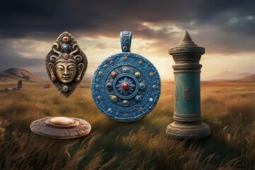 Divine Relics: Sacred Amulet and Ancient Artifacts on Isolated Field