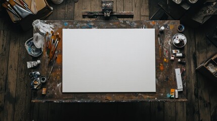 Canvas Print - A blank canvas on an artist's table, surrounded by paint supplies and tools.