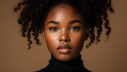 Striking portrait of a beautiful young Black girl with an afro hairstyle, captivating gaze, embodying beauty and youthfulness with ample copy space for advertising