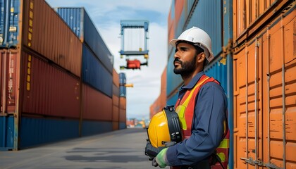 Wall Mural - Hispanic dock worker managing container loading at bustling import-export warehouse in vibrant port environment