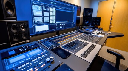 A modern audio mixing studio with equipment for music production and sound editing.