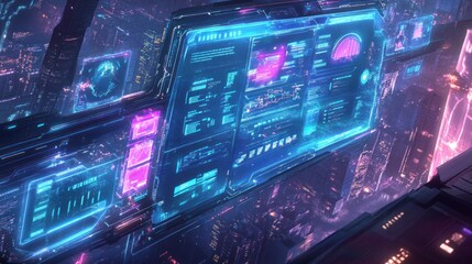 Poster - Futuristic digital interface displaying data and analytics in a vibrant neon environment.