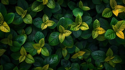 Wall Mural - close-up shot of vibrant green leaves with a few yellow highlights creating a beautiful natural text