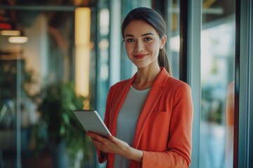 young professional business woman standing in office. female company executive, smiling businesswoman entrepreneur corporate leader manager looking at camera using tablet.