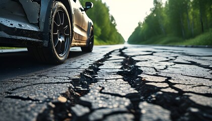 Damaged asphalt road with potholes, tree-lined street, worn-out car wheels navigating through a hazardous urban environment