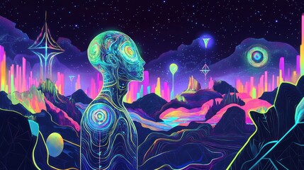 Poster - A vibrant, surreal landscape featuring a humanoid figure amidst colorful geometric formations.