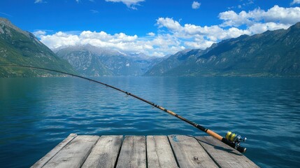 Wall Mural - A fishing rod rests on a wooden dock overlooking a serene lake surrounded by mountains.