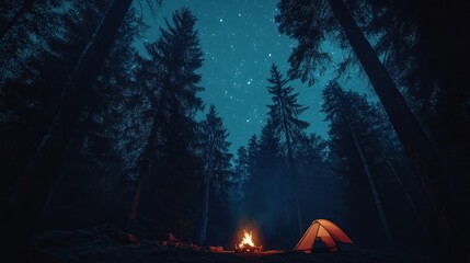 Wall Mural - A serene campsite at night with a glowing tent and a campfire under a starry sky.