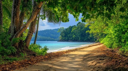 Canvas Print - A serene beach scene with lush greenery and calm waters, inviting relaxation and exploration.