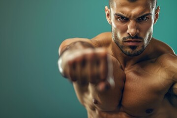 Wall Mural - close-up of a fit, muscular man presenting confidently, solid color background emphasizing both his 