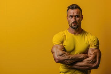 Wall Mural - Muscular man with a calm, determined expression, solid color background representing the integration of physical fitness and mental sharpness, ideal for gym promotions