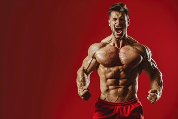 Wall Mural - Muscular man exuding power and mental sharpness, solid color background representing the integration of physical and mental fitness, ideal for gym promotions