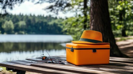 Sticker - A bright orange fishing box and hat by a serene lake, ideal for leisure activities.