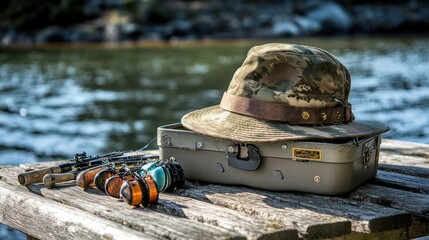 Poster - A fishing hat and gear on a wooden dock by a river.