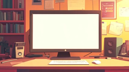 Poster - A minimalist workspace featuring a blank monitor and organized desk items.