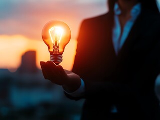 Businesswoman holding a glowing lightbulb over a city skyline, bright idea, innovation in business