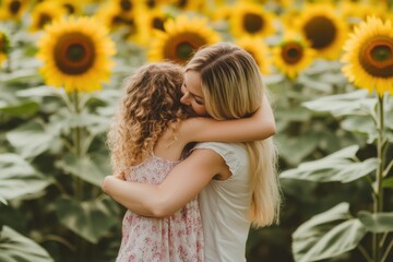 High-resolution brightly lit photorealistic candid photograph of a mother and daughter sharing a loving hug in a sunflower field, surrounded by giant blooms. The photograph has a light, cheerful