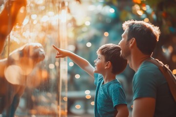 Wall Mural - High-resolution brightly lit photorealistic candid photograph of a family enjoying a day at the zoo, with the son eagerly pointing at an animal exhibit, and a soft, creamy bokeh background. The