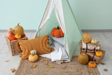 Canvas Print - Interior of children's room with play tent and pumpkins