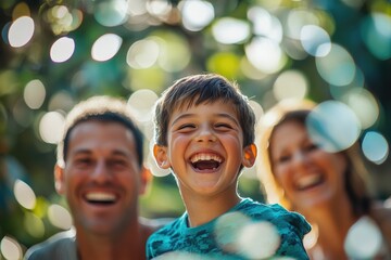 Wall Mural - High-resolution brightly lit photorealistic candid photograph of a family enjoying a fun day at the zoo, with the son laughing and the parents smiling, surrounded by a creamy bokeh background. The