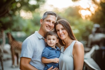 Wall Mural - High-resolution brightly lit photorealistic candid photograph of a father, mother, and son standing together at the zoo, with a soft, creamy bokeh background. The scene is styled like a high-end