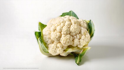 Fresh Cauliflower with Green Leaves on White Background