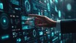 © kitipol - A businessman’s hand touches a sleek digital interface, set against a futuristic virtual background, embodying business technology, AI, and professional digital innovation.