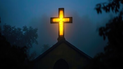 Wall Mural - A cross atop a church glowing from behind, casting a soft light over the night, creating a scene of divine miracle.