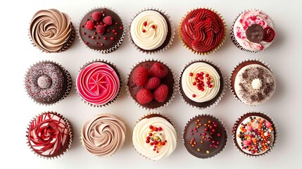 Wall Mural - A variety of party-themed cupcakes arranged in a circle on a white background