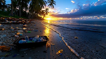 Wall Mural - Plastic pollution scatters across a tropical beach, tarnishing the beauty of sunset.