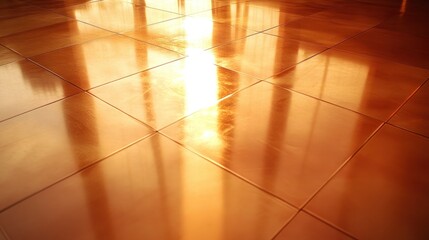 Poster - A reflective tiled floor illuminated by sunlight, creating a warm and inviting atmosphere.