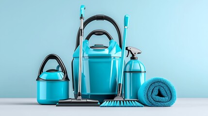 a blue cleaning supplies set, complete with vacuum, spray bottle, broom, and towel, promises a fresh