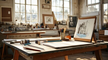 Canvas Print - A creative workspace featuring art supplies and a drawing in progress.