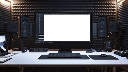 Wall Mural - A modern workspace featuring a computer, speakers, and various tech accessories.