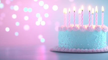 Poster - A beautiful birthday cake adorned with lit candles shines brightly amidst colorful lights, perfect for a festive birthday celebration