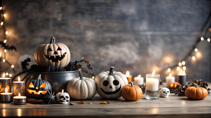 Spooky yet elegant Halloween background with pumpkins, candles, small skulls. Halloween product advertisements, web backgrounds, party invitations.