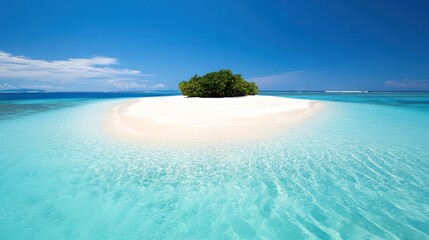 A serene tropical island with white sand and clear blue waters.