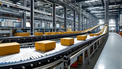 Wall Mural - Integrated conveyor belt system featuring automated packing stations illustrating modern logistics and manufacturing efficiency in a panoramic view