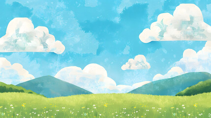 Illustration of wide green meadow, mountain and blue sky with cloud, children's book illustration.