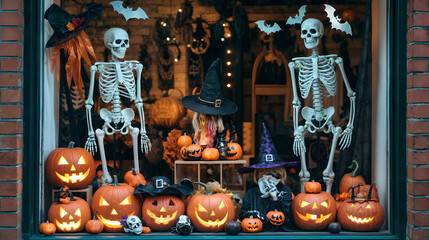 Festive Halloween shop, carved pumpkins, skeletons, witch hats. For seasonal retail promotions, holiday decorations, themed advertisements using warm and spooky tones