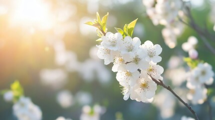 Wall Mural - Delicate white flowers flourish in soft sunlight, set against vibrant green foliage, capturing the serene essence of springtime