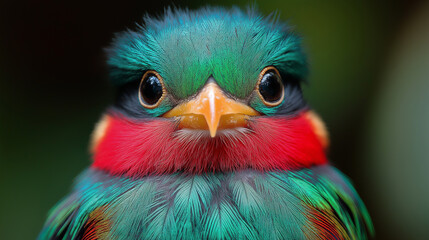 Quetzal with Vibrant Plumage, focusing on the vibrant green and red feathers of the Quetzal bird, with copy space