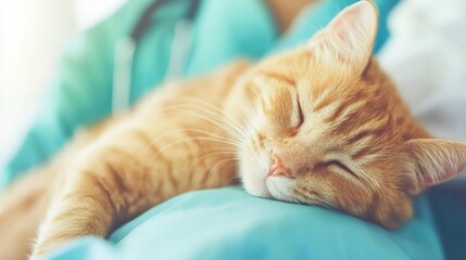 Wall Mural - A ginger cat relaxes while receiving veterinary care, feeling safe and cared for by the attentive staff in a clinic